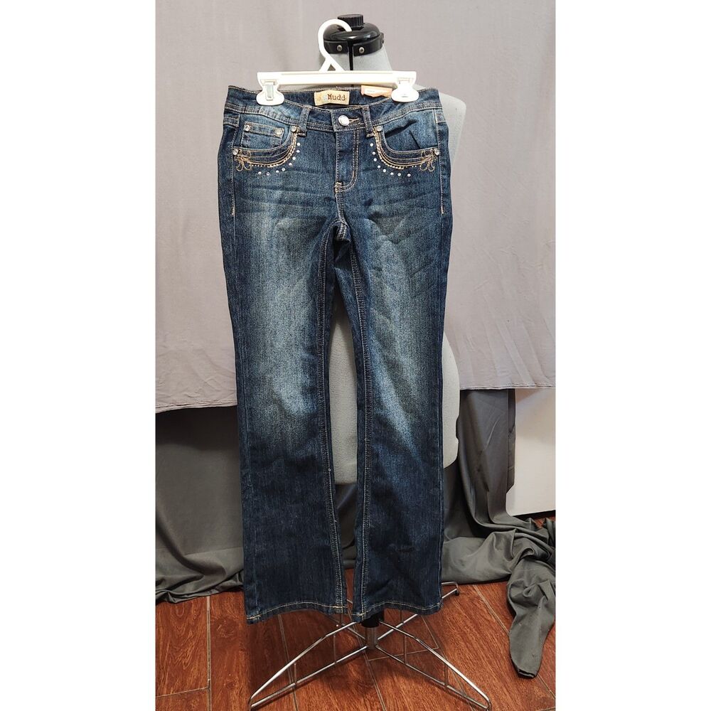 NEW Mudd dark wash bootcut jeans Y2K rhinestone embroidered embellishments sz 10